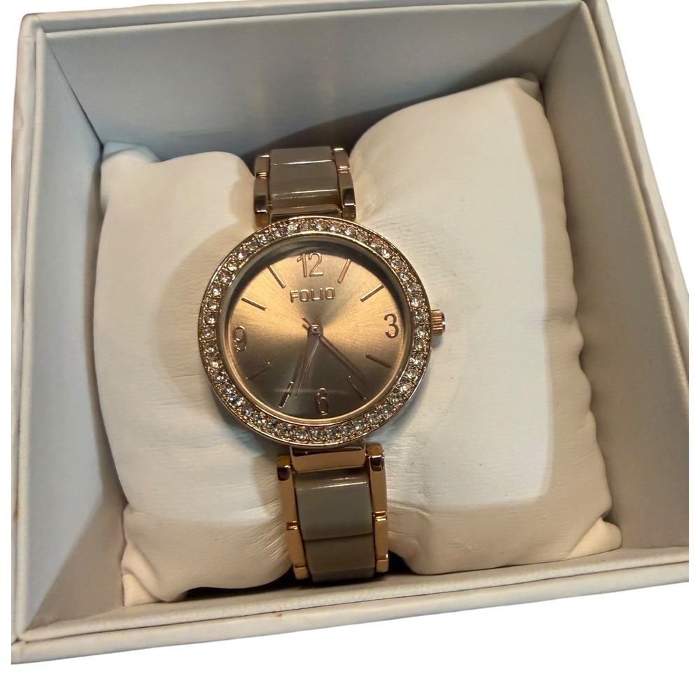 Folio Womens Rose Gold Tone Crystal Bezel Watch Taupe Link Bracelet FMDFOL052
